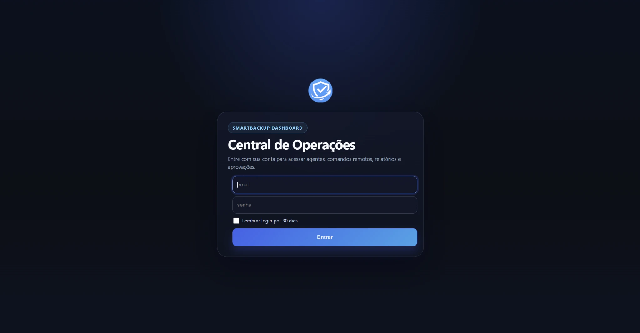 Tela de autenticação do SmartBackup, sem credenciais preenchidas.